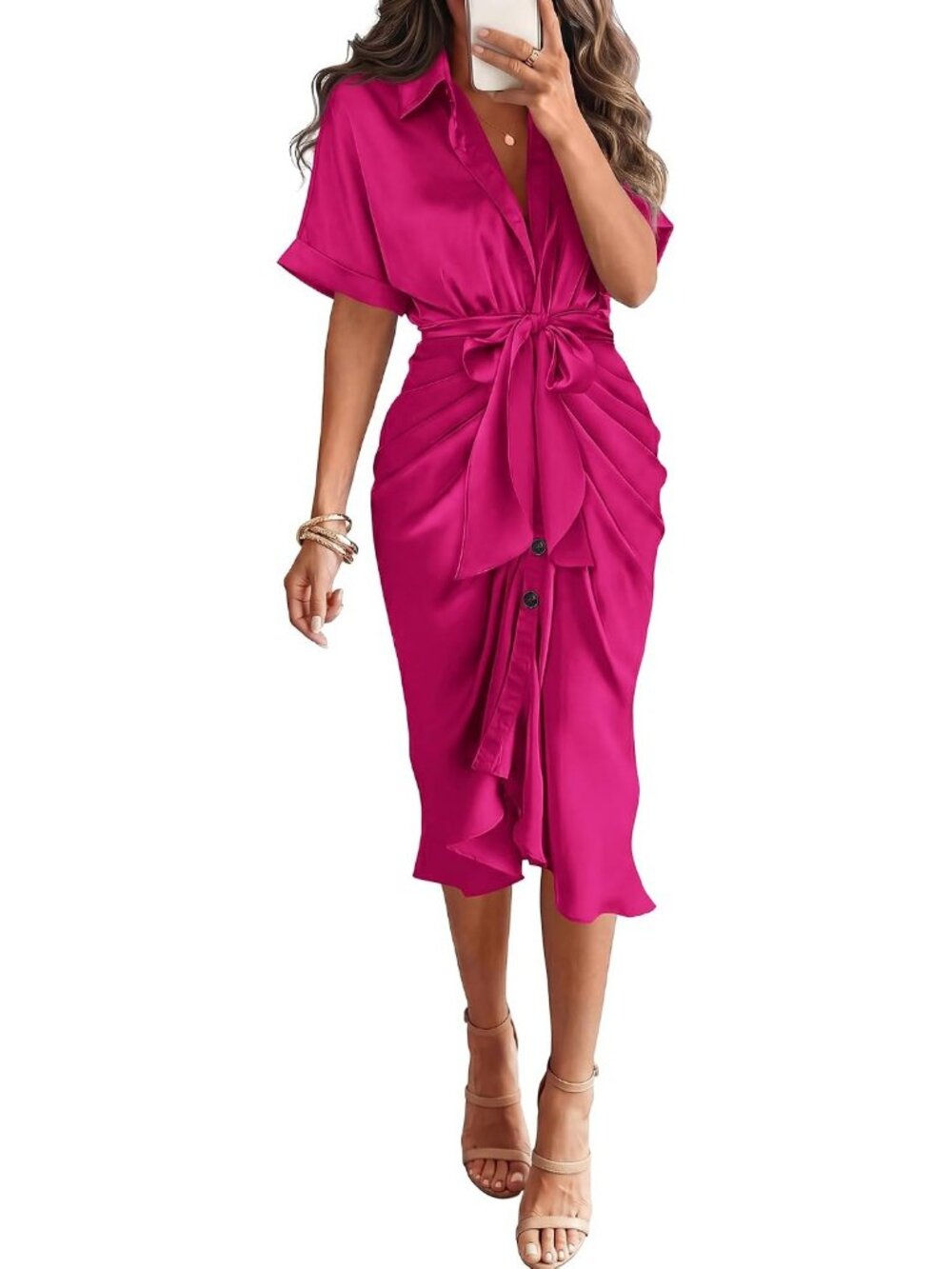 Women's Rose Red Short Sleeve Button Down Tie Waist Silk Satin Maxi Dresses